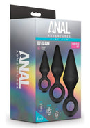 Anal Adventures Platinum Silicone Loop Plug Kit Black packaging showcasing three graduated silicone anal plugs.