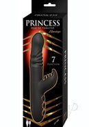 Princess Silicone Heat-Up Thruster Rabbit Vibrator Black in sleek design, showcasing 7 vibration functions on packaging.