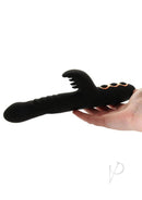 Princess Silicone Heat-Up Thruster Rabbit Vibrator Black held in hand for intimate pleasure.