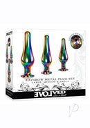 Evolved Rainbow Metal 3 Piece Anal Plug Set with large, medium, and small plugs featuring sparkling rainbow gems.