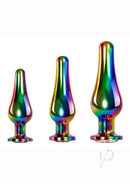Evolved Rainbow Metal 3 Piece Anal Plug Set featuring graduated trio of metal plugs with rainbow gem bases.