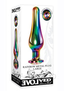 Evolved Rainbow Metal Anal Plug Large with rainbow gem bottom in colorful packaging.