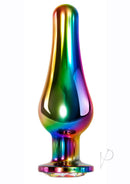 Evolved Rainbow Metal Anal Plug Large featuring a smooth aluminum design with iridescent rainbow finish and sparkling gem base.