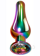 Evolved Rainbow Metal Anal Plug Large with iridescent finish and sparkling gem base for enhanced back door play.