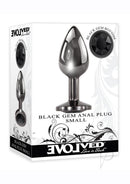 Evolved Black Gem Small Metal Anal Plug in packaging with a sparkling black jewel at the base.