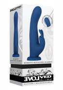 Evolved Rotating Silicone Rabbit Vibrator with Remote Blue in packaging with remote and textured design