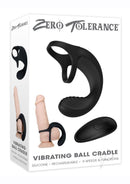Zero Tolerance Remote Vibrating Ball Cradle Cock Ring Black shown in packaging with details on features and design