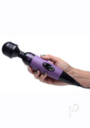 Frisky Playful Pleasure Plug In Wand Massager Purple held in hand, showcasing its ergonomic design and flexible neck.