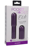 Pocket Rocket Elite Mini Vibrator With Removable Sleeve Purple packaging featuring sleek design and powerful features.