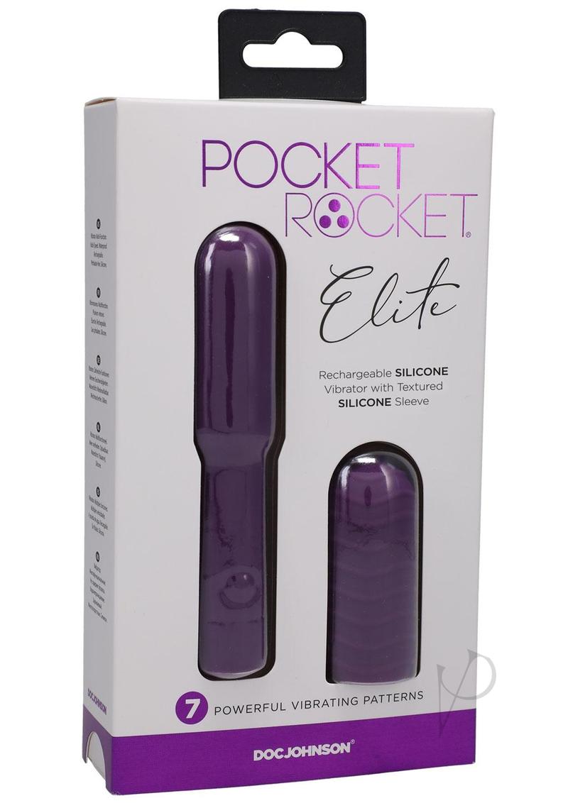 Pocket Rocket Elite Mini Vibrator With Removable Sleeve Purple packaging featuring sleek design and powerful features.