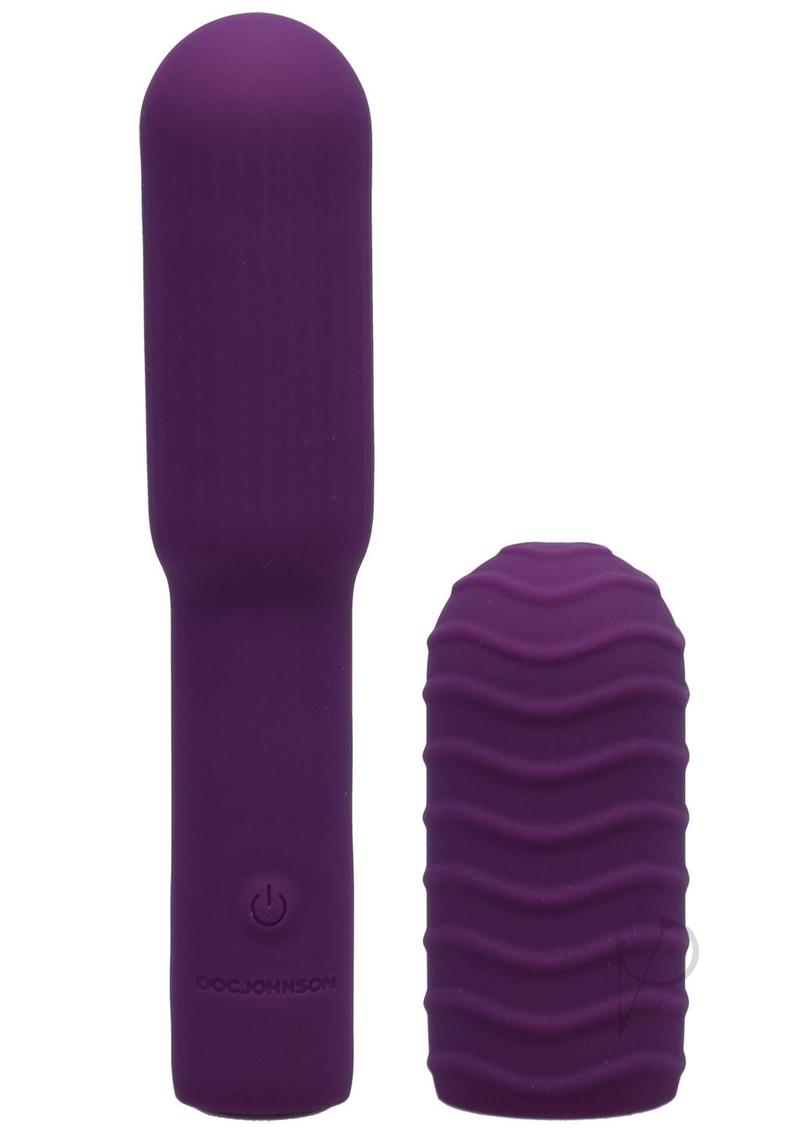 Pocket Rocket Elite Mini Vibrator With Removable Sleeve Purple and removable sleeve shown in purple color.