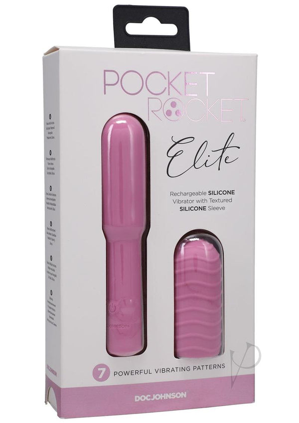 Pocket Rocket Elite Mini Vibrator With Removable Sleeve Pink packaging showcasing the product and features.