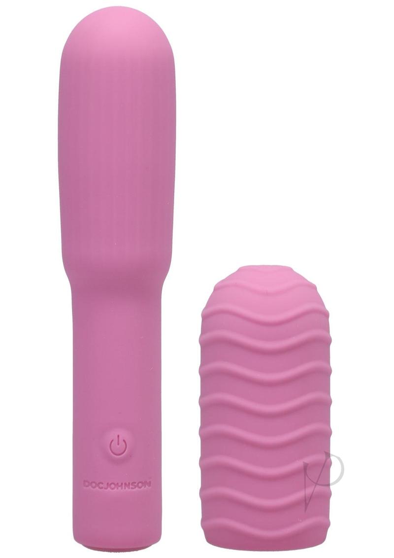 Pocket Rocket Elite Mini Vibrator With Removable Sleeve Pink next to its textured sleeve.