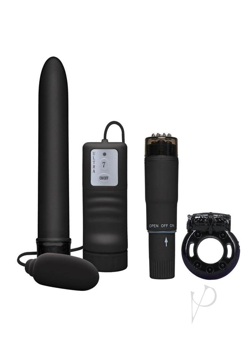 Black Magic Pleasure Kit with 4 vibrators, including a 7-inch Velvet-Touch Vibe and Original Pocket Rocket for ultimate satisfaction