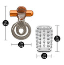 Stay Hard Tongue Clitoral Stimulator Cock Ring Set with Sleeve dimensions showing soft stretchy cock ring and textured sleeve.