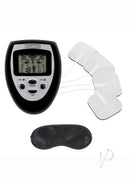 Lux Fetish Electro-Sex Kit with Stimulation Pads Black, includes device, stimulation pads, and eye mask for sensory play.