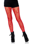 Leg Avenue Flame Net Tights One Size Red featuring bold flame pattern, perfect for stylish outfits.