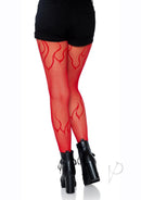 Leg Avenue Flame Net Tights One Size Red showcasing a striking flame pattern in bold red on fishnet tights.