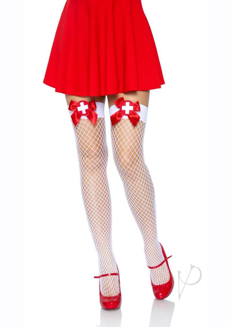 Leg Avenue Cece Nurse Industrial Net Tights red and white with bows, perfect for costume or role play.