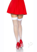 Leg Avenue Cece Nurse Industrial Net Tights in red and white, worn with a red skirt and red heels, showcasing stunning hosiery design.