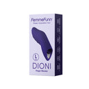 FemmeFunn Dioni Silicone Finger Vibrator Large Dark Purple packaging with ergonomic design for enhanced intimacy.