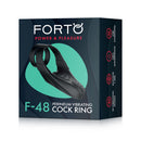 Forto F-48 Vibrating Perineum Double Cock Ring Black box packaging showcasing power and pleasure features.