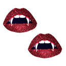 Neva Nude Pasty Vampire Lips Glitter red glittery lips with fangs, perfect for parties and Halloween events.