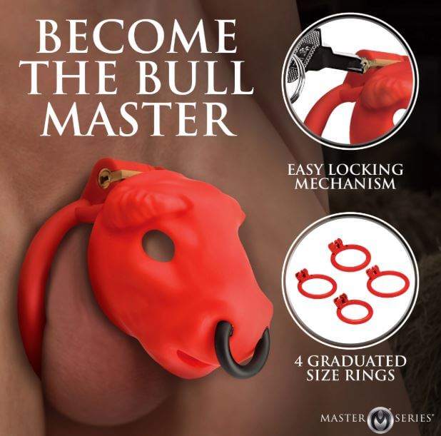Master Series Bull Chastity Cage Red with easy locking mechanism and 4 graduated size rings for a secure fit.