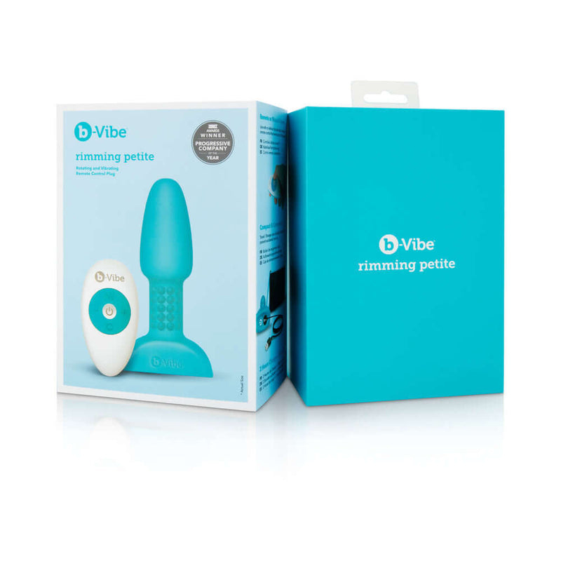 b-Vibe Rimming Petite Rotating and Vibrating Remote Control Plug Teal packaging and remote control.