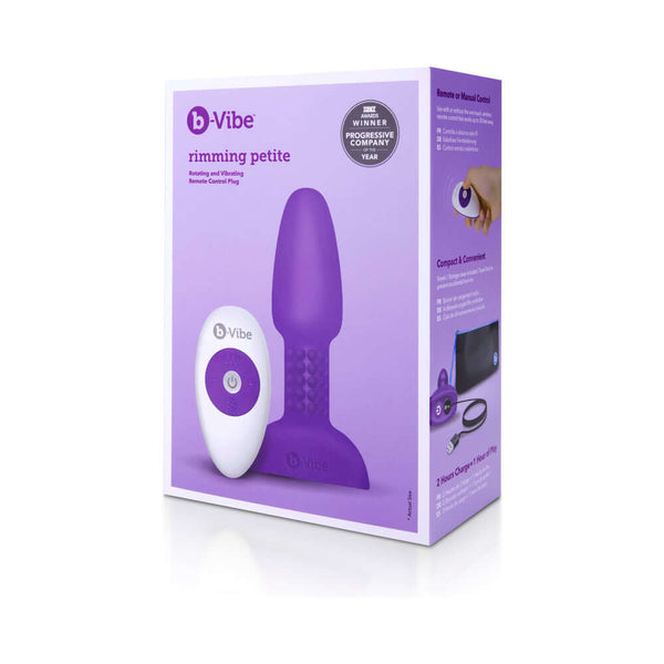 b-Vibe Rimming Petite Rotating Remote Control Plug Purple in packaging with remote control.
