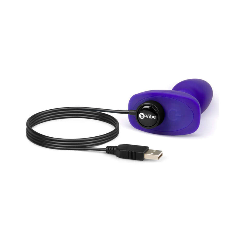 b-Vibe Rimming Petite Rotating Remote Control Plug Purple with USB charging cable.