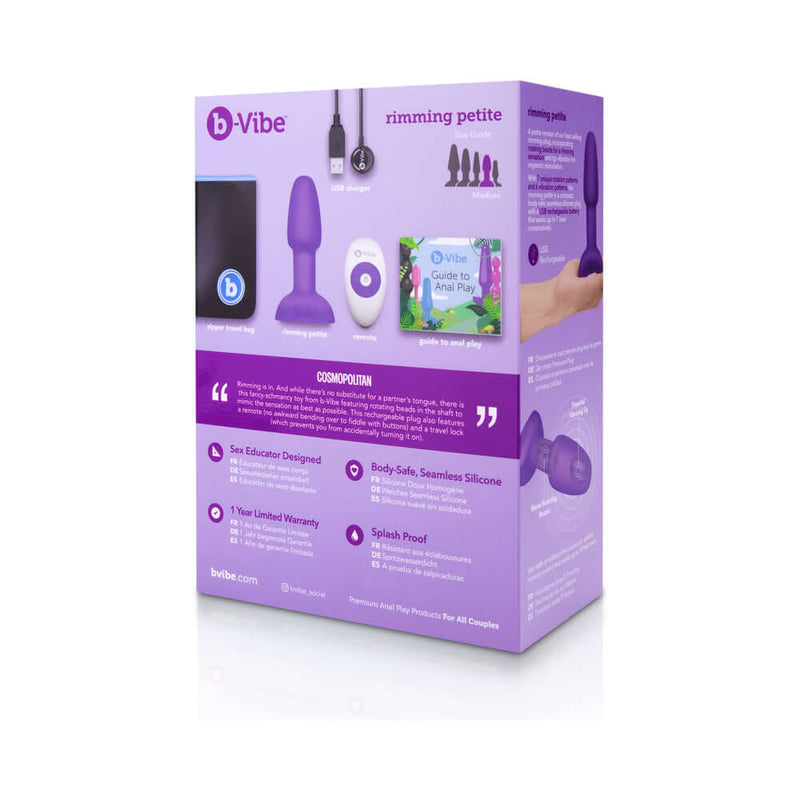b-Vibe Rimming Petite Rotating Remote Control Plug Purple packaging showing features and accessories.