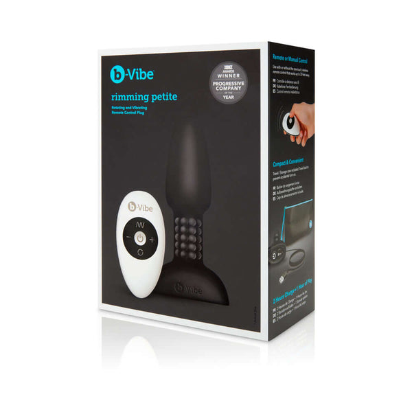 b-Vibe Rimming Petite Rotating and Vibrating Remote Control Plug Black packaging with remote control and product details.