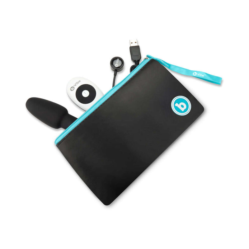 b-Vibe Rimming Petite Rotating and Vibrating Remote Control Plug Black inside a sleek black carrying pouch.