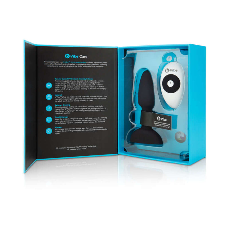 b-Vibe Rimming Petite Rotating and Vibrating Remote Control Plug Black in packaging with care instructions.