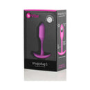 b-Vibe Snug Plug 1 Weighted Silicone Anal Plug Fuchsia in packaging with details on design and comfort.