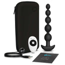 b Vibe Cinco Remote Controlled Vibrating Anal Beads Plug Black with remote, USB charger, and travel case.