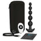 b Vibe Cinco Remote Controlled Vibrating Anal Beads Plug Black with remote, USB charger, and travel case.