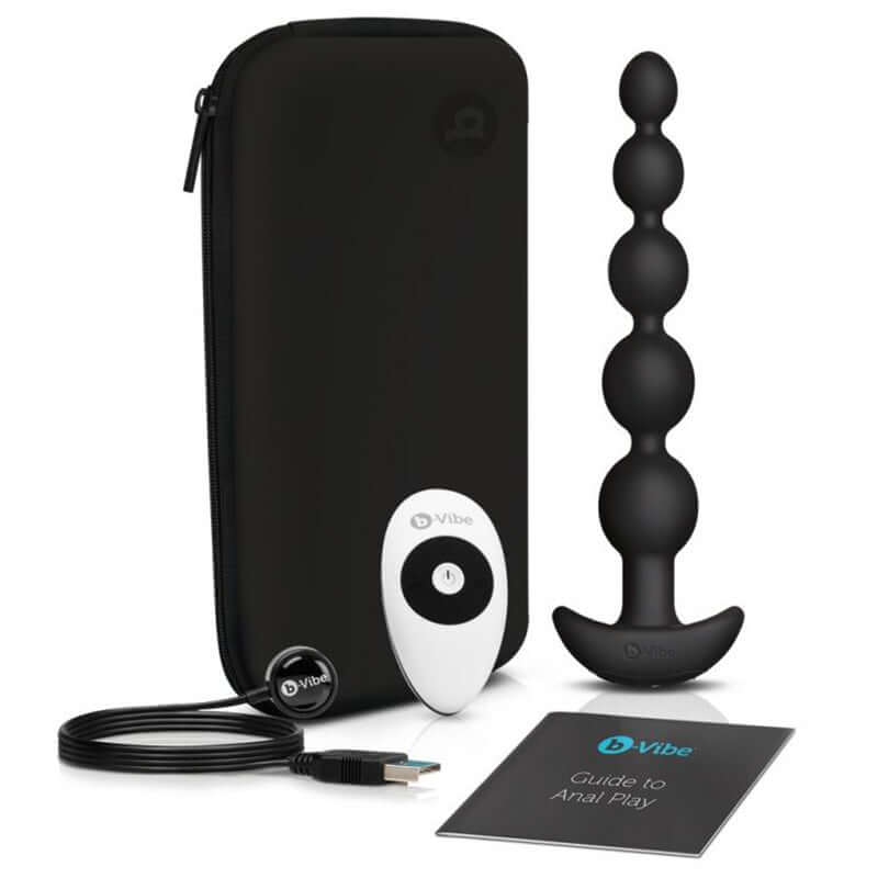 b Vibe Cinco Remote Controlled Vibrating Anal Beads Plug Black with remote, USB charger, and travel case.
