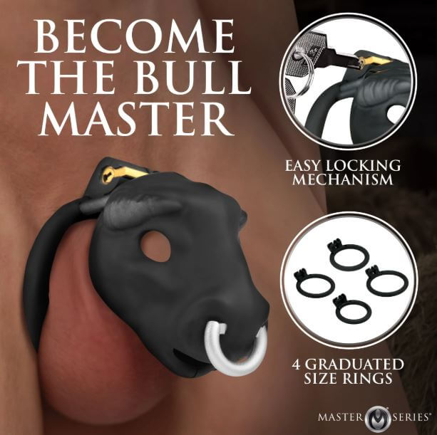 Master Series Bull Chastity Cage Black featuring easy locking mechanism and graduated size rings.
