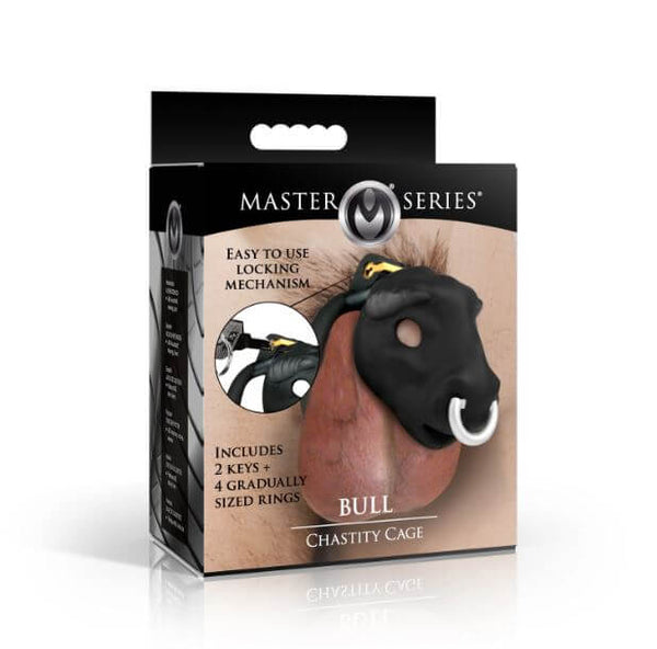 Master Series Bull Chastity Cage Black packaging featuring bull head design and locking mechanism.