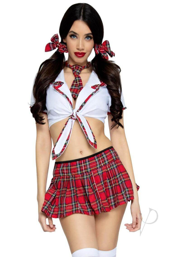 Leg Avenue Miss Prep School Costume in plaid skirt and crop top with hair bows, perfect for playful costumes.