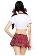 Back view of Leg Avenue Miss Prep School costume featuring a plaid skirt and tie front crop top.
