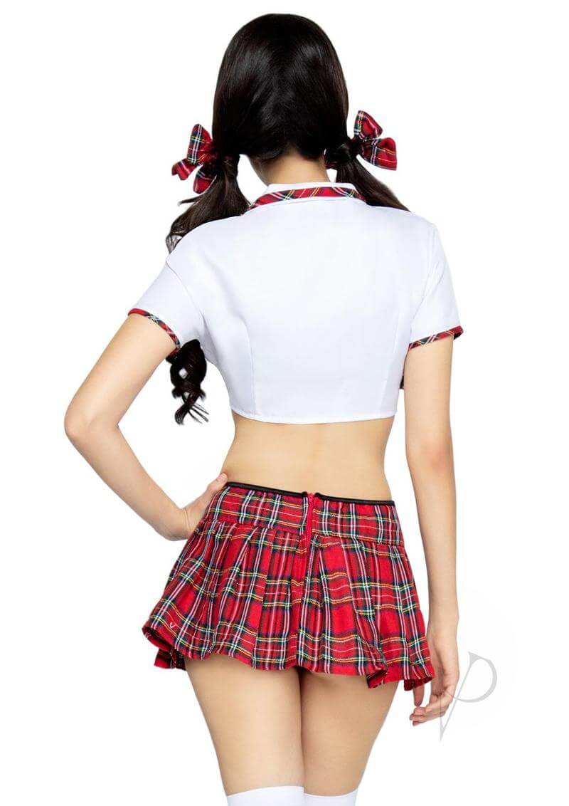 Back view of Leg Avenue Miss Prep School costume featuring a plaid skirt and tie front crop top.
