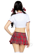 Leg Avenue Miss Prep School 4 Piece Costume M/L Red White showing back view of the outfit with plaid skirt and cropped top.
