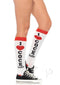 Leg Avenue Cocktails Knee Socks OS White Red worn on model with sporty shoes, showcasing playful heart design and stylish stripes.