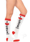 Leg Avenue Cocktails Knee Socks OS White Red displayed on a model, featuring playful heart and stripe designs.