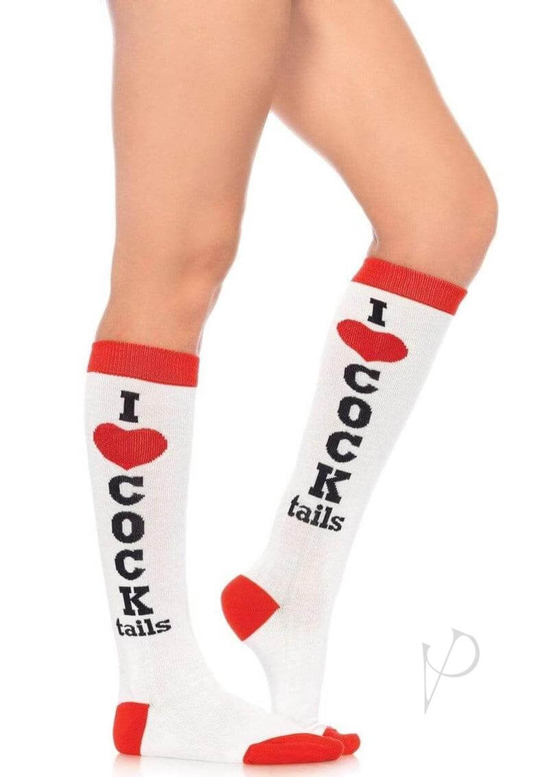 Leg Avenue Cocktails Knee Socks OS White Red displayed on a model, featuring playful heart and stripe designs.