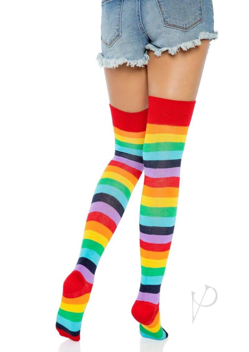 Leg Avenue multicolor rainbow thigh high socks with vibrant stripes worn with shorts.