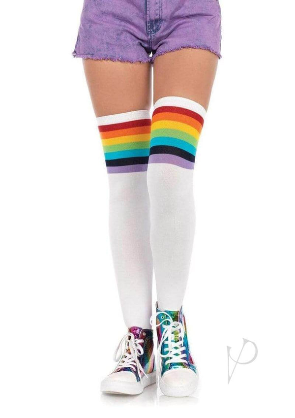 Leg Avenue Over The Rainbow Opaque Thigh High OS Multicolor featuring rainbow stripes with shorts and colorful sneakers.